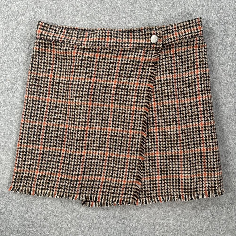 Urban Outfitters Plaid Wrap Mini Skirt Size Medium Brown/Orange Fringe Button